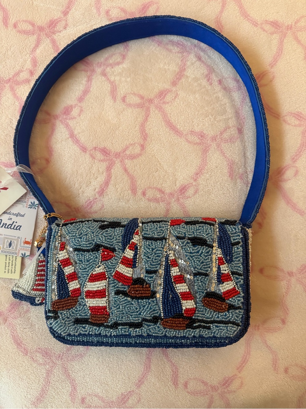 Beaded Sailboat Shoulder Bag - Blue